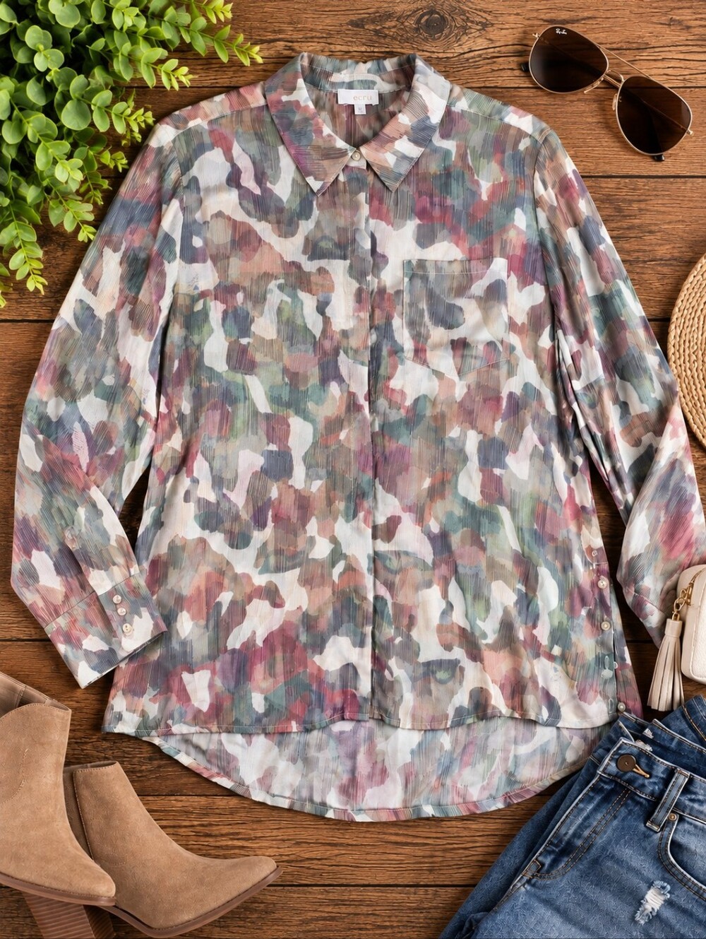Ecru NWT Abstract Watercolor Button Down Shirt Size L Silk Blend